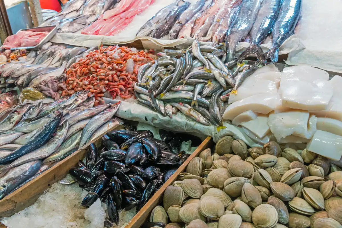 Fresh fish, mussels and clams on ice at Mercado Central in Santiago