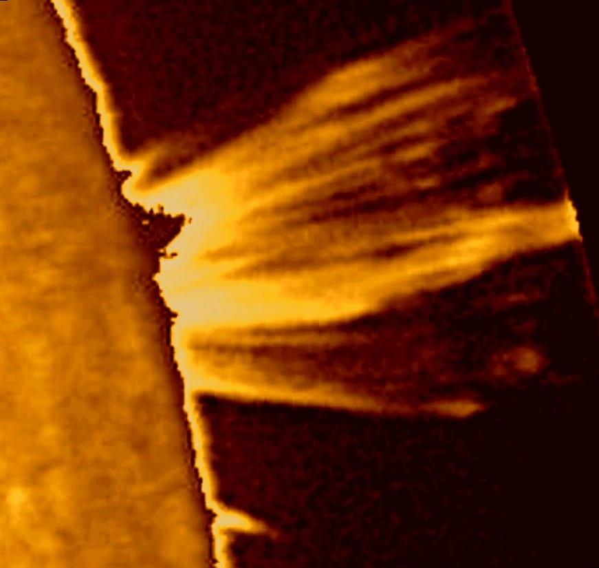 Solar prominence at the edge of the Sun photographed at the observatory