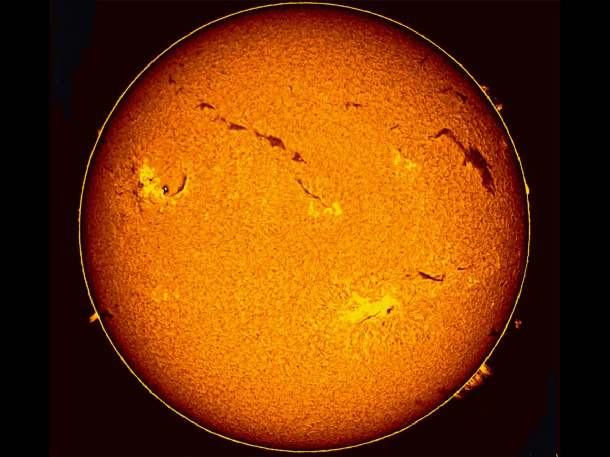 The Sun in hydrogen-alpha light seen through the observatory's solar telescope