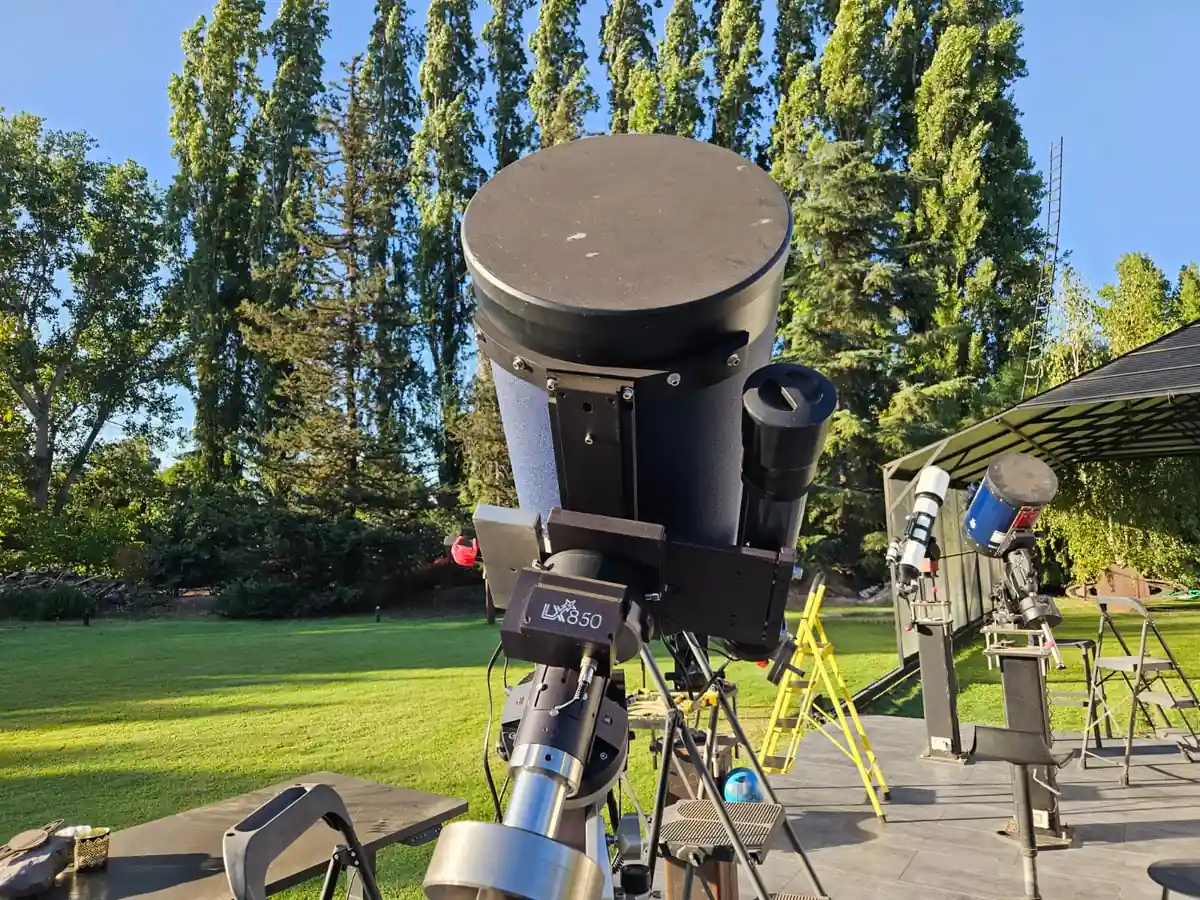 Large Meade LX850 telescope on the observation deck at dusk