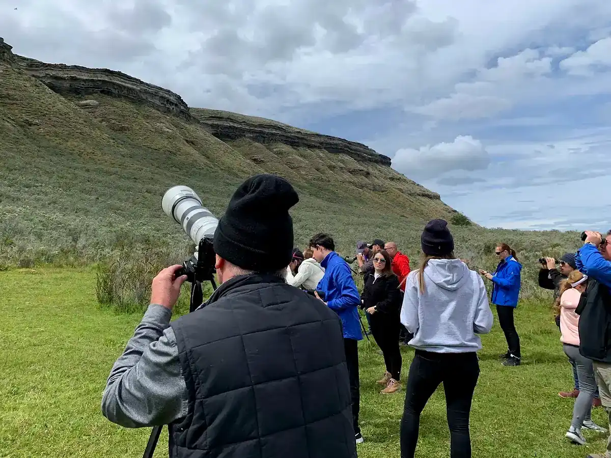 Group watching condors with binoculars and cameras at Olga Teresa