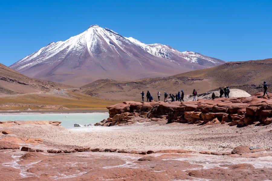 Red rocks and volcanoes of Piedras Rojas in the Atacama highlands