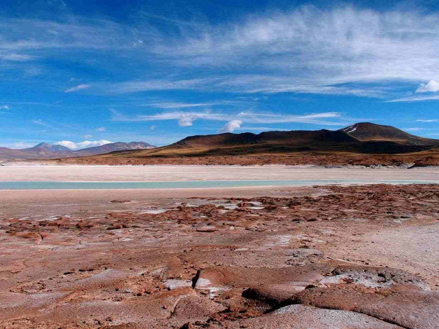 Turquoise water and white salt of Salar de Aguas Calientes at Piedras Rojas