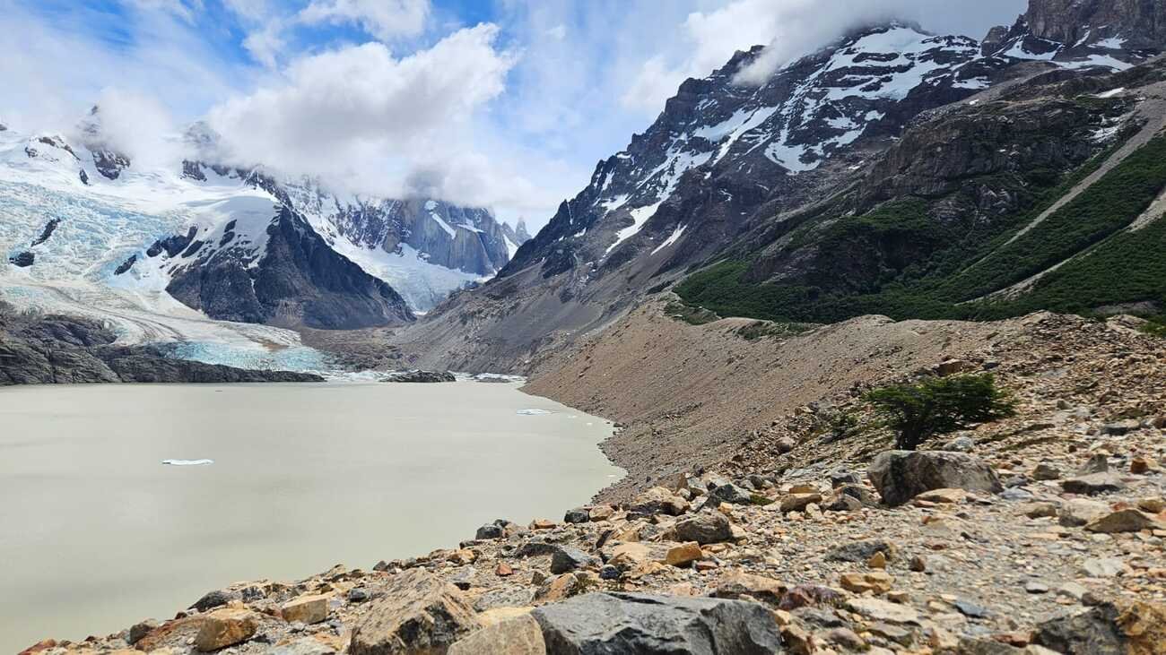 Laguna Torre with Glaciar Grande and Cerro Torre in the clouds, El Chalten