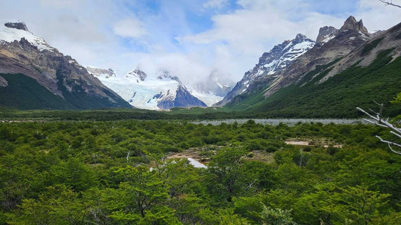 Lenga forest on the Laguna Torre trail with Cerro Torre valley ahead