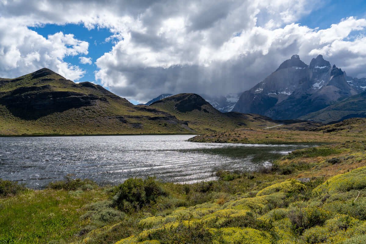 Windswept lagoon on the Miscelaneo trail with the Cuernos in the distance