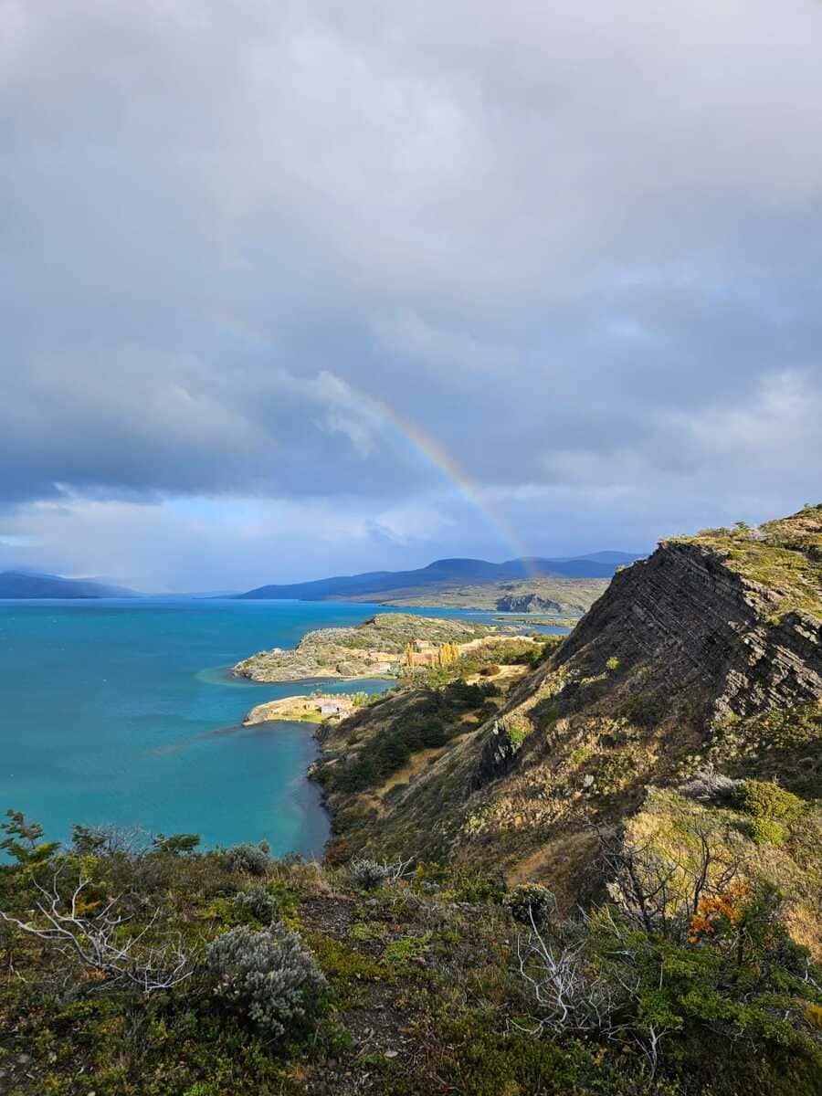 Rainbow over a turquoise lake in Torres del Paine National Park
