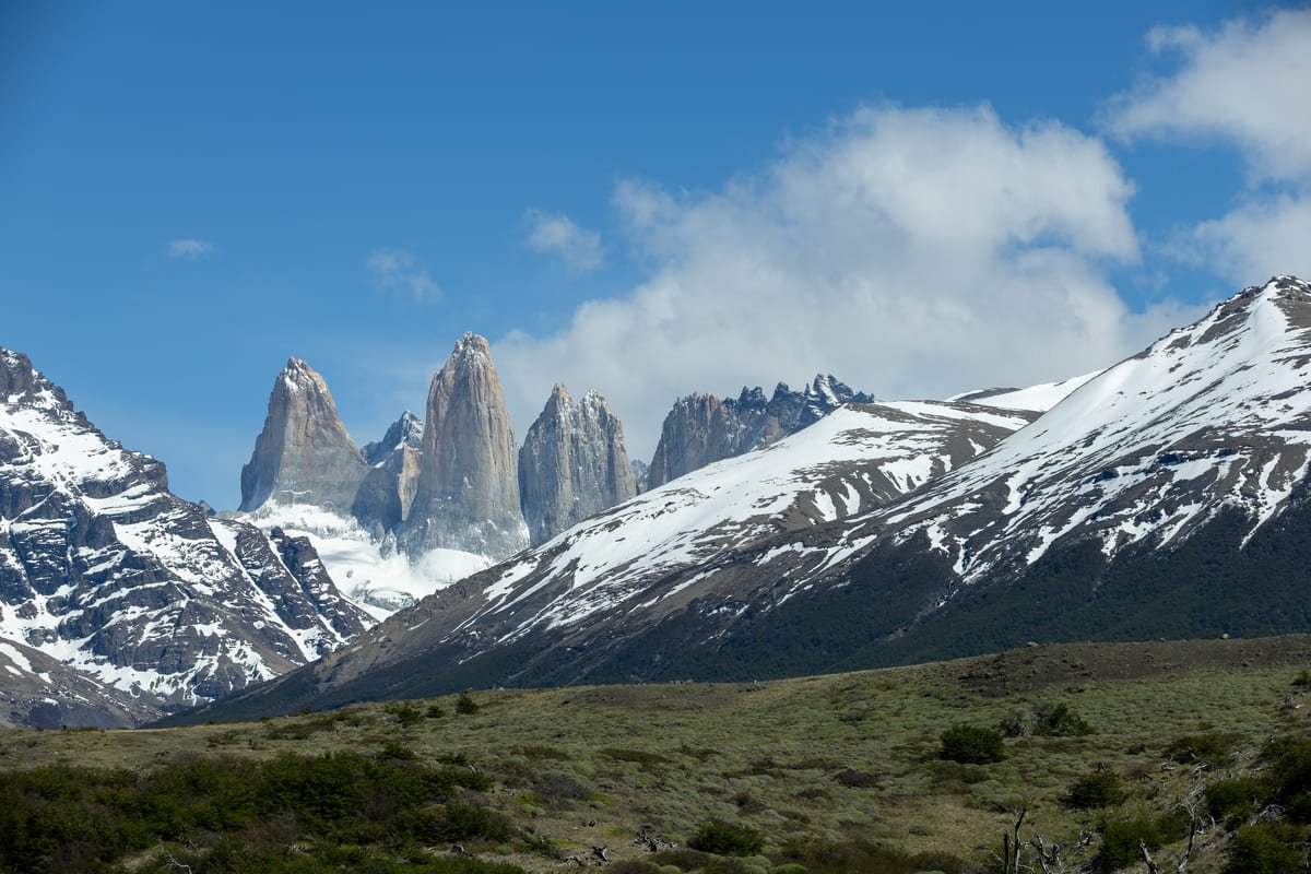 The granite towers of Torres del Paine seen from the Laguna Amarga area
