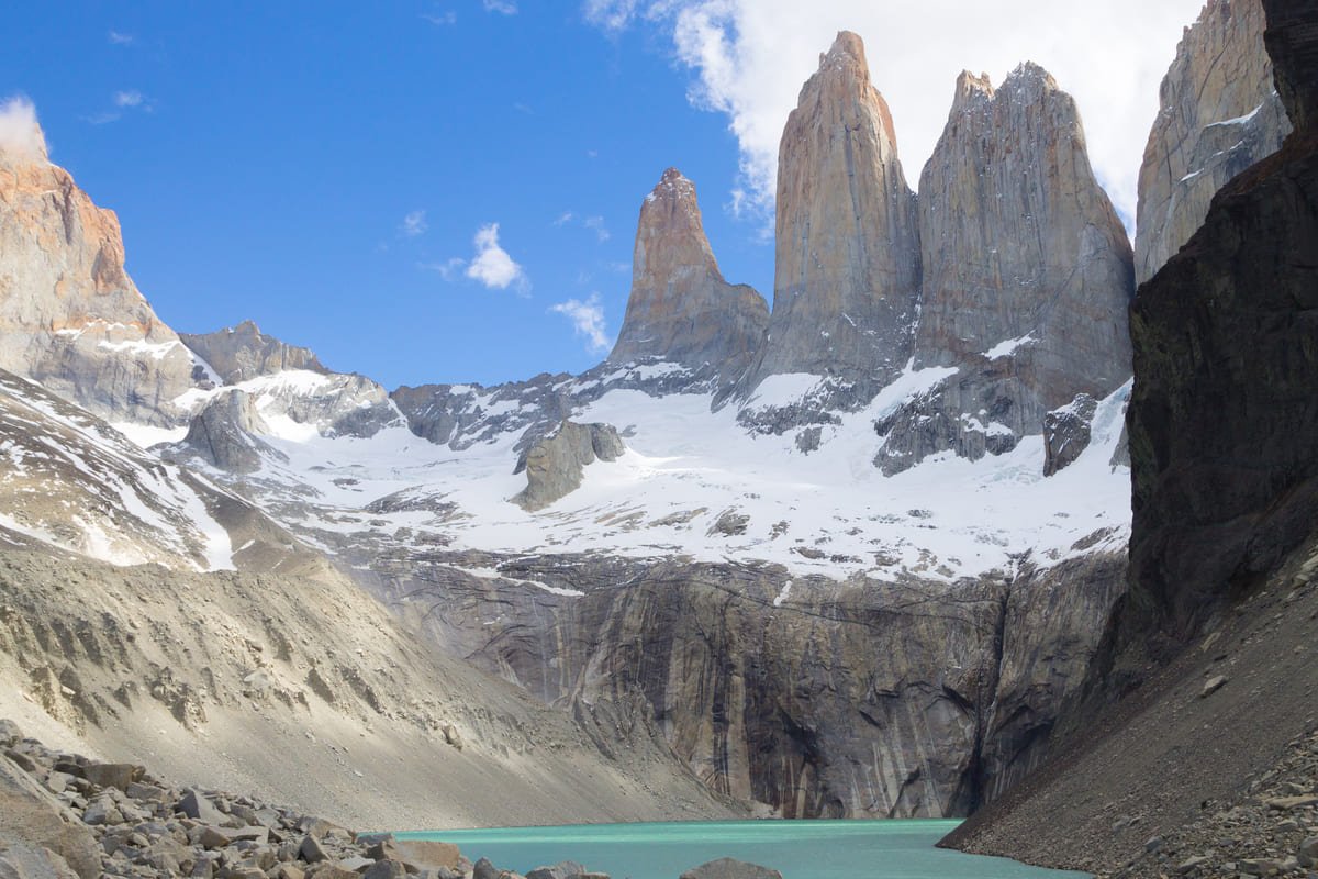 The three granite towers of Torres del Paine above the glacial lagoon