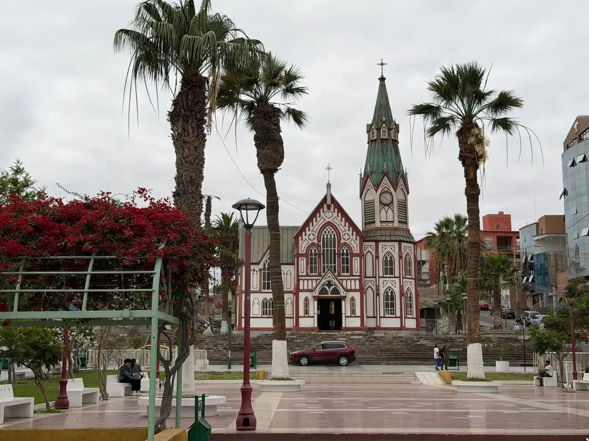 San Marcos Cathedral and palm trees in central Arica