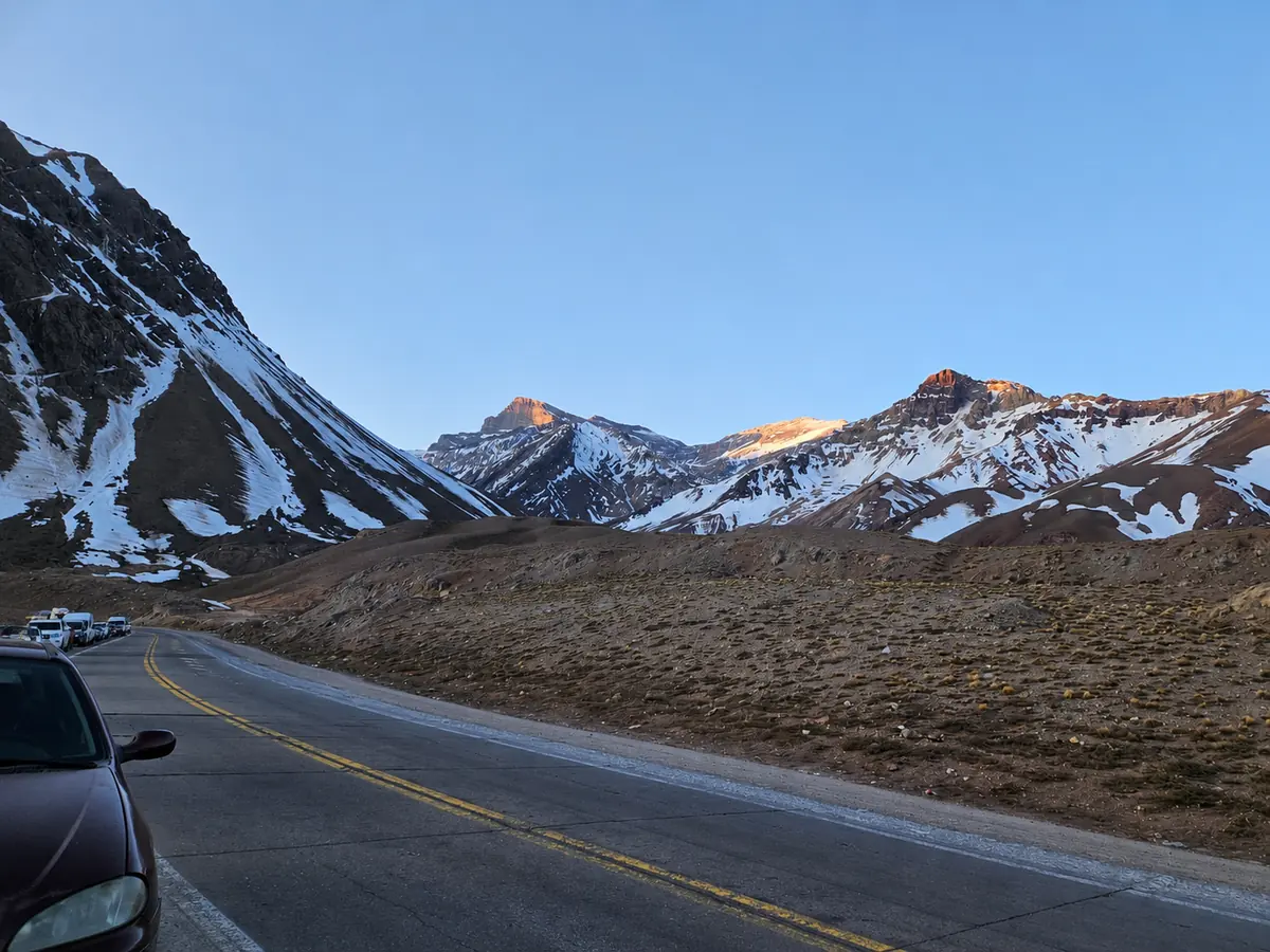 Vehicles on the international road to Mendoza near the Los Libertadores border crossing at first light
