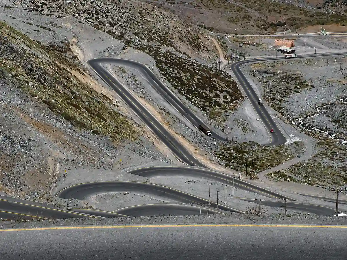 The Caracoles switchbacks climbing toward the Los Libertadores pass on the Valparaíso to Mendoza route