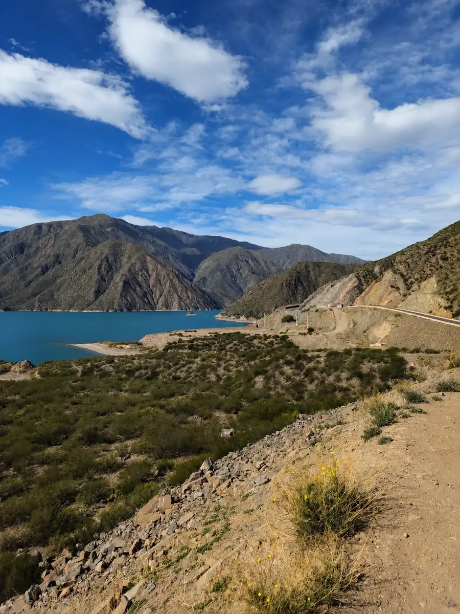 Potrerillos reservoir and pre-cordillera mountains on the Argentine side of the Valparaíso to Mendoza transfer