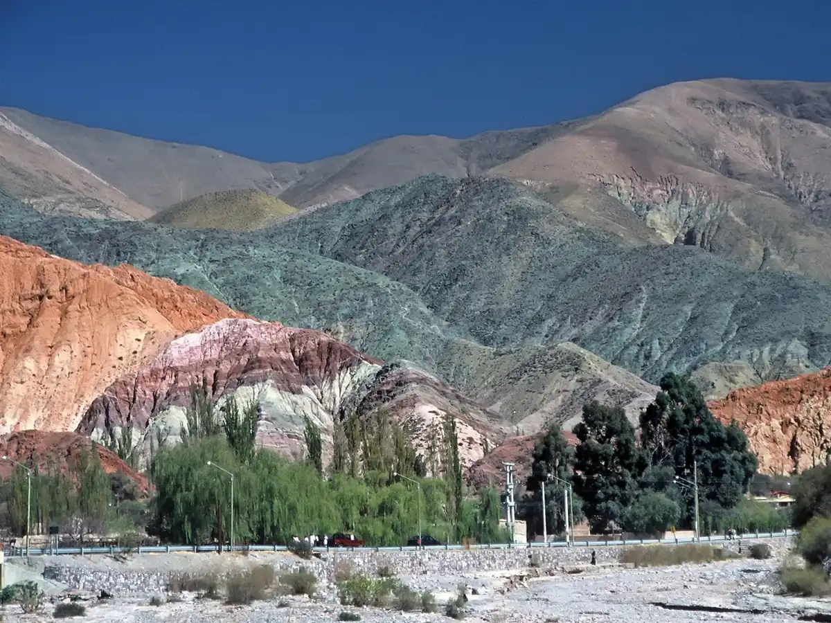 The seven-colored hill of Purmamarca in Jujuy, Argentina, on the transfer route from San Pedro de Atacama to Salta